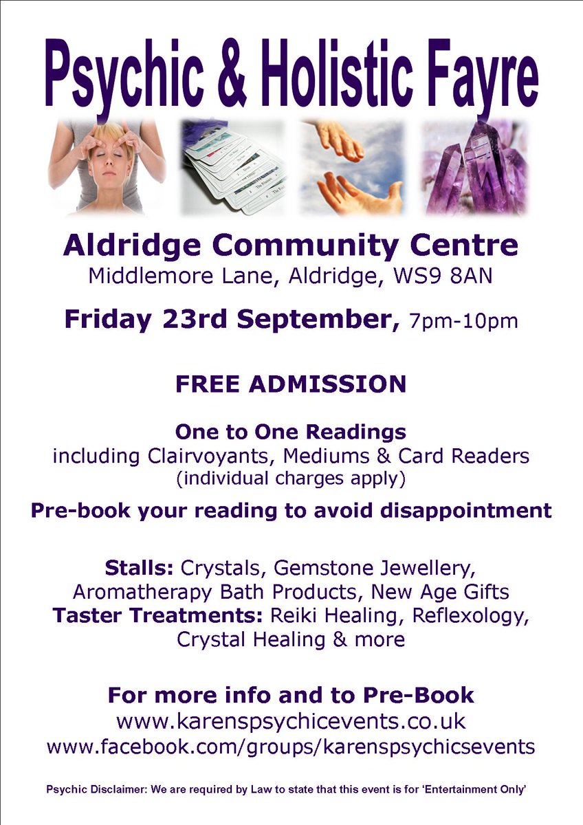 Psychic &amp; Holistic Fayre - Aldridge CC on 23 Sept <a href="/AlanNeath/">Aldridge & Streetly</a> @AldridgeVillage <a href="/AldridgeHour/">#AldridgeHour</a> <a href="/sutcolhour/">SuttonColdfieldHour</a> <a href="/WalsallHour/">Walsall Hour</a>