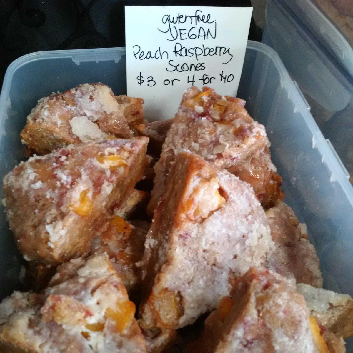 MollyBGFStore's tweet photo. Perfect 4 a #summer day! #PeachRaspberry scones! #GlutenFree #Vegan @EGbrickworks @BrickWorksMkt #SundayMarket 10-3 https://t.co/g3mtp2PKJa