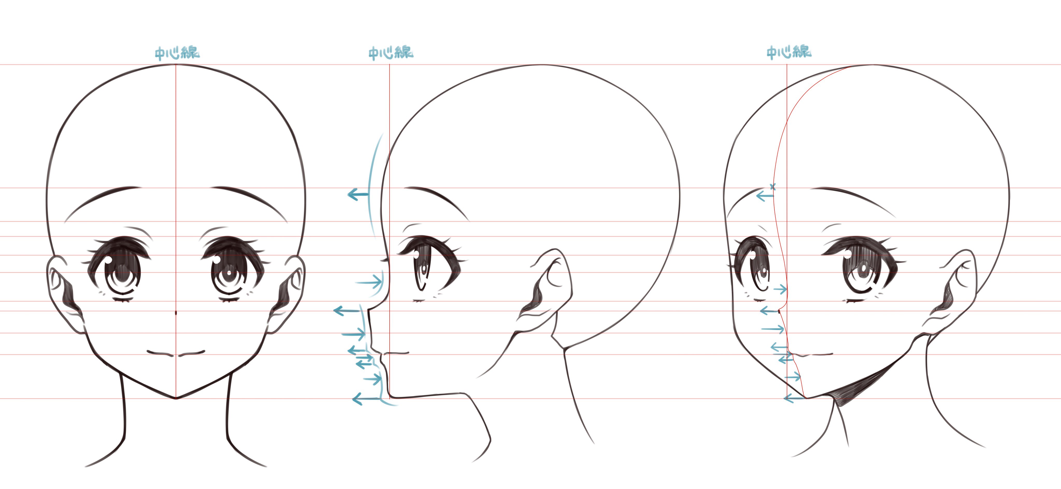 ダテナオト イラスト解体新書 ２７刷 好評発売中 顔の凹凸について 顔 を描く時 俗に言う十字線を描きますよね でも実はこの十字線 特に斜め向きの十字線の考え方のミスをしている方が多く見受けられます 正面では縦一直線に見える十字線も横