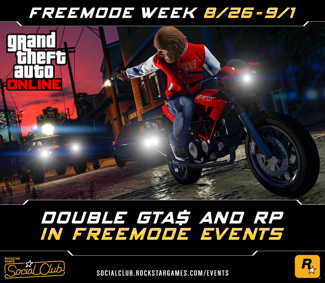 RockstarGames's tweet photo. Double GTA$ $ RP in #GTAOnline Freemode Events
Through Thursday, September 1st
https://t.co/4DHhmZ1jMt https://t.co/K7BvMxFqRY