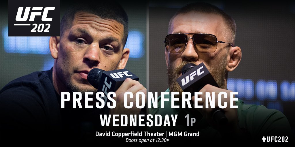 ufc's tweet photo. TOMORROW! #UFC202 stars take the mic before meeting inside the Octagon! See you at David Copperfield Theater at 1pm! https://t.co/XuGBc2z4bM