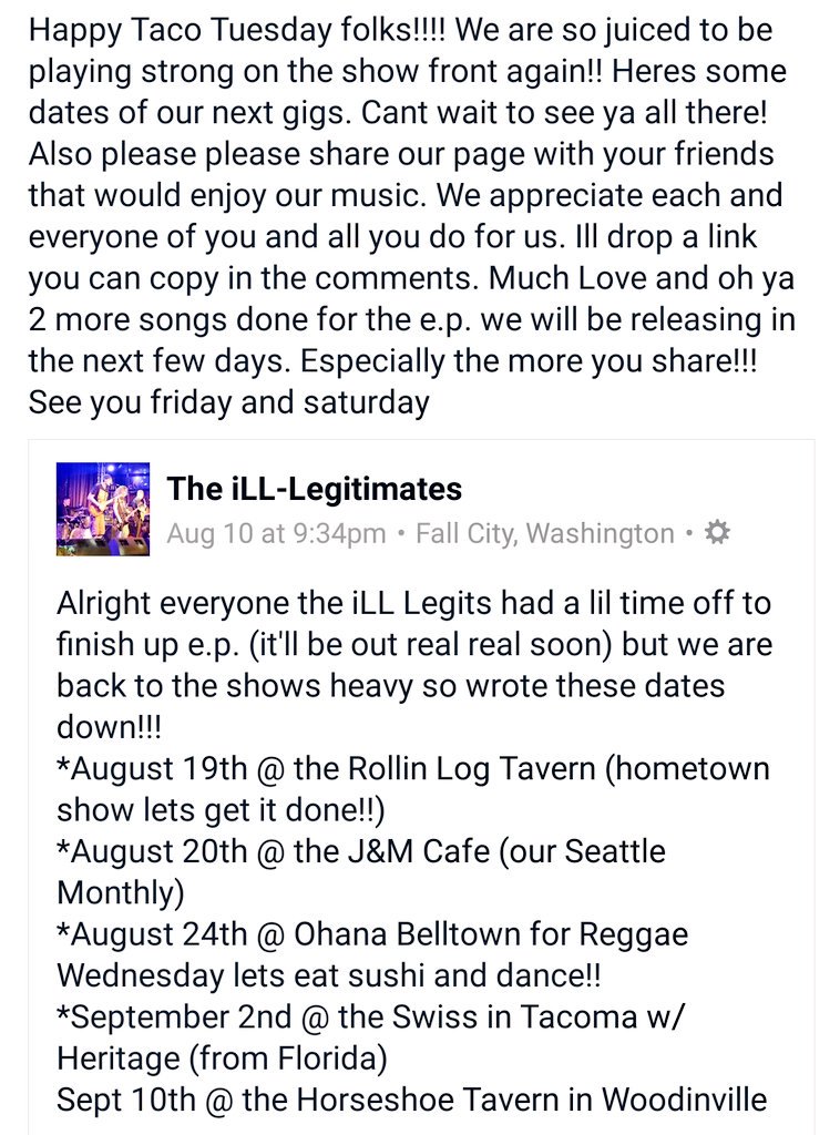 IllLegitimates's tweet photo. @JandMCafe @Ohanabelltown @TheSwissTacoma #horseshoetavern #theRollinLogTavern #nwreggae #reggaerocks https://t.co/ykTJtdaIxo