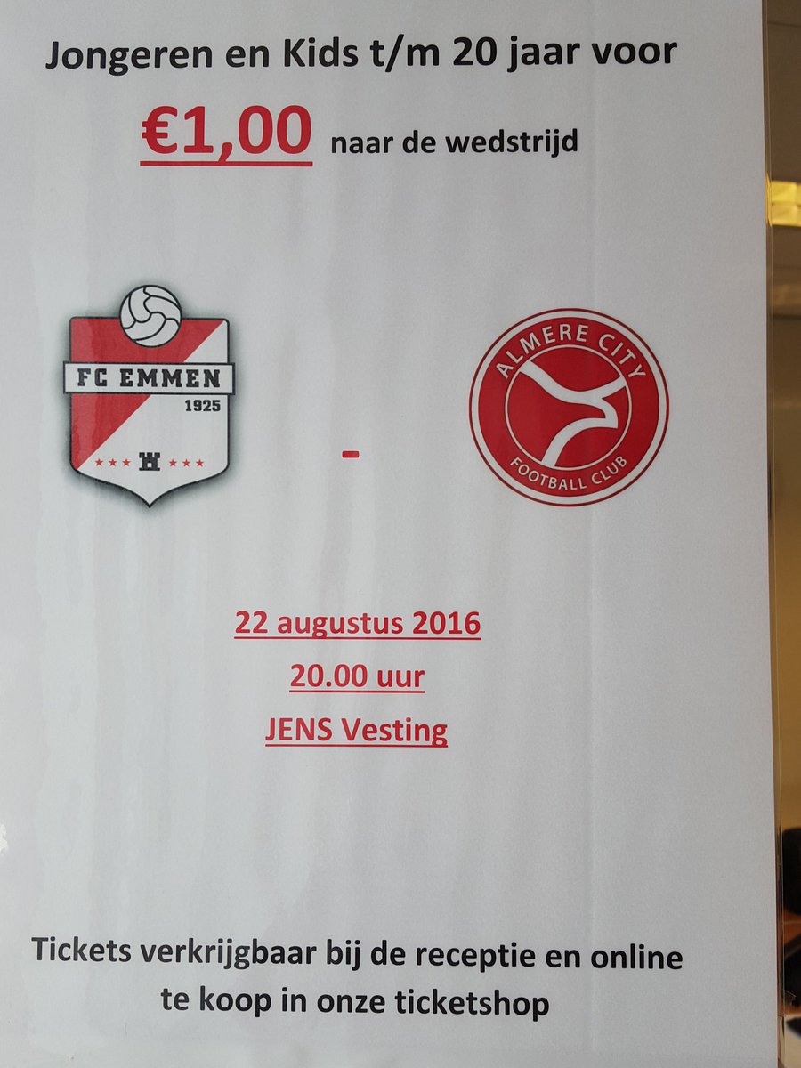 Aanstaande maandag speelt #FCEmmen in de JENSVesting tegen AlmereCity. Iedereen t/m 20 jaar een ticket voor 1 euro!