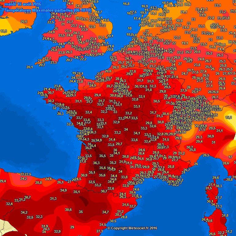 FloC36's tweet photo. + de 3/4 du pays ac T°C > 30°C ajd (> 35°C au SO : 36.3° #Ruffiac 36° #Brive). A noter 30.9° #Brest 33.7° #Nantes. https://t.co/A1oHBzI3MR