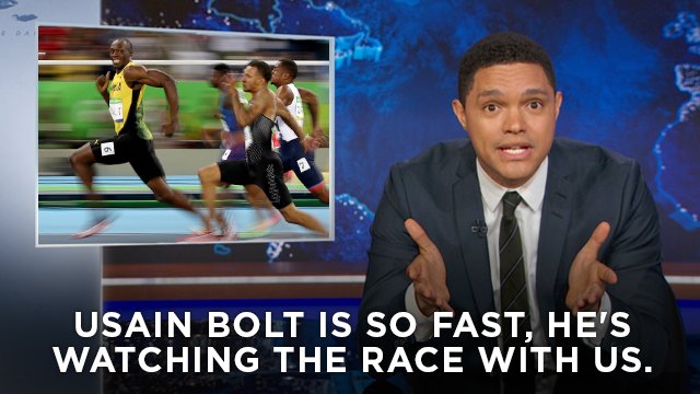 TheDailyShow's tweet photo. Trevor recaps Usain Bolt's electrifying gold medal performance. https://t.co/WvYSInvny8 https://t.co/5fqIlk34io