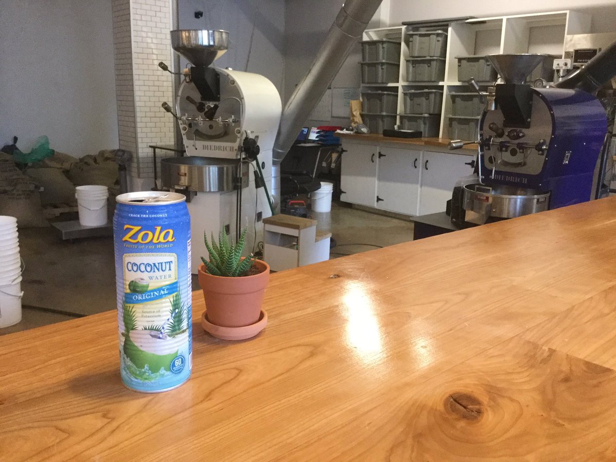 PBWco's tweet photo. Waiting for a fresh roast of #HaleCoffee. Mmm.. grab a can of #ZolaCoconutWater while you wait. It's worth it. https://t.co/1qOuGiVObO