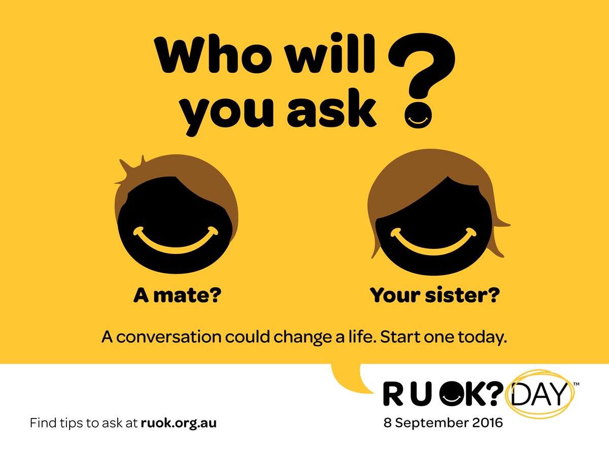 headspace_aus's tweet photo. @ruokday are asking everyone to make more time for the people who matter. Get involved #RUOKDay Thurs 8 Sept. https://t.co/9Q0m3GDihn