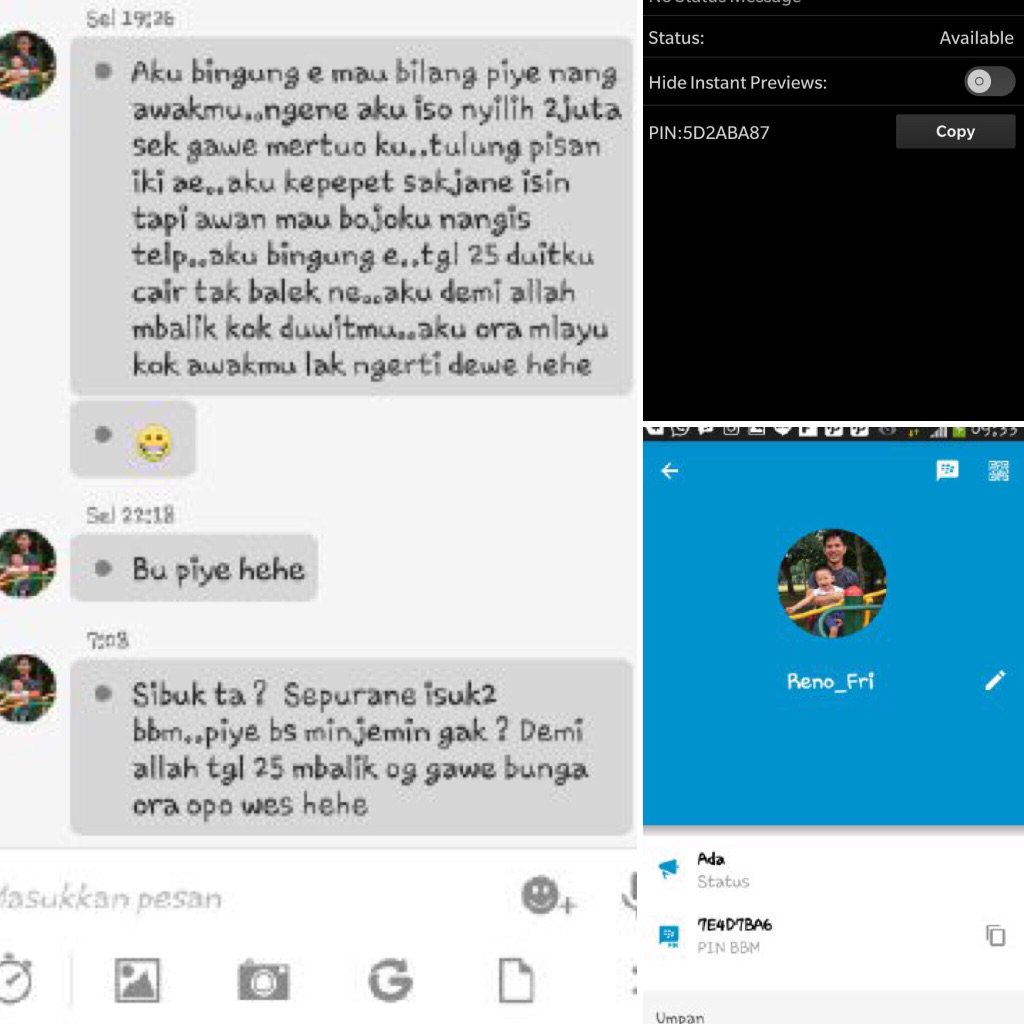 Klarifikasi, siapa tau ad yg dpt bbm pinjem duit dr saya, hal itu PENIPUAN! Sy udh ga pake bbm.. Cuma WA di 1 nomer