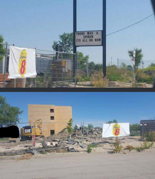 sierradean's tweet image. Dying over this sign at a hotel being rebuilt here in Winnipeg.