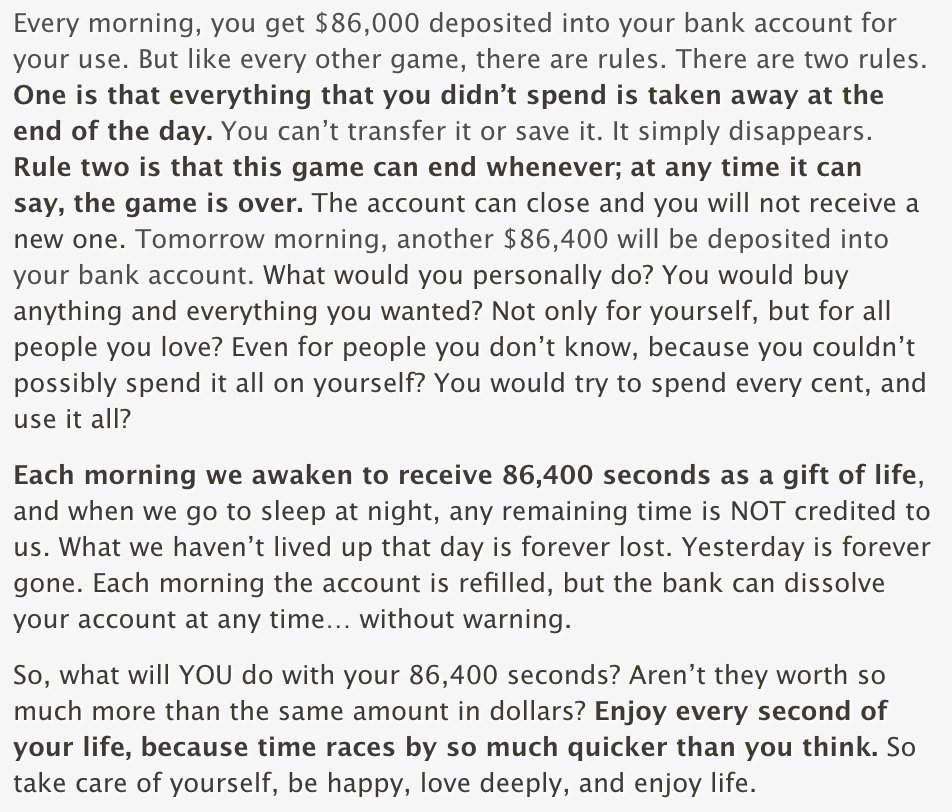 GreenBASECAMP's tweet photo. Every morning, you are given $86,400. What would you do with it? #inspiration #mindfulness #productivity https://t.co/gBv9sVPlsa