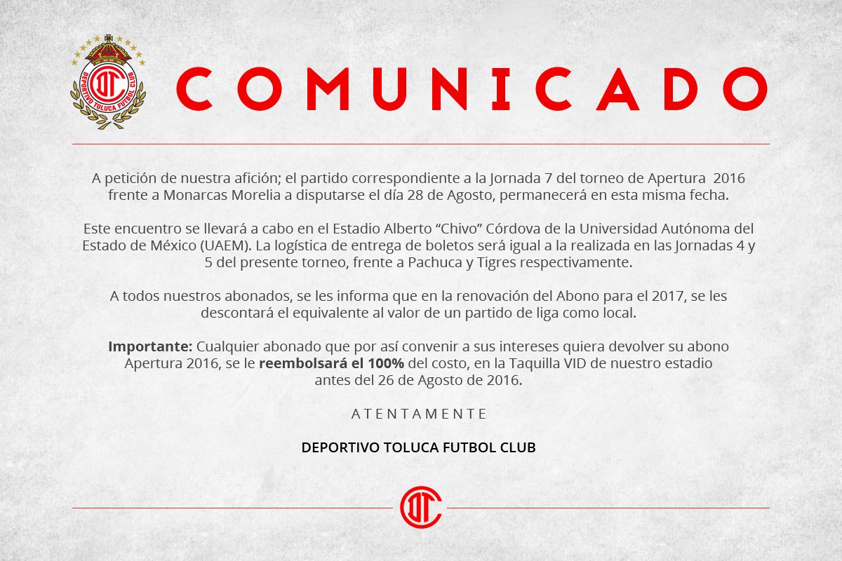 TolucaFC's tweet photo. Comunicado oficial, partido frente a @FuerzaMonarca jornada 7. #SiempreconelRojo https://t.co/9lZn5Hu5X4