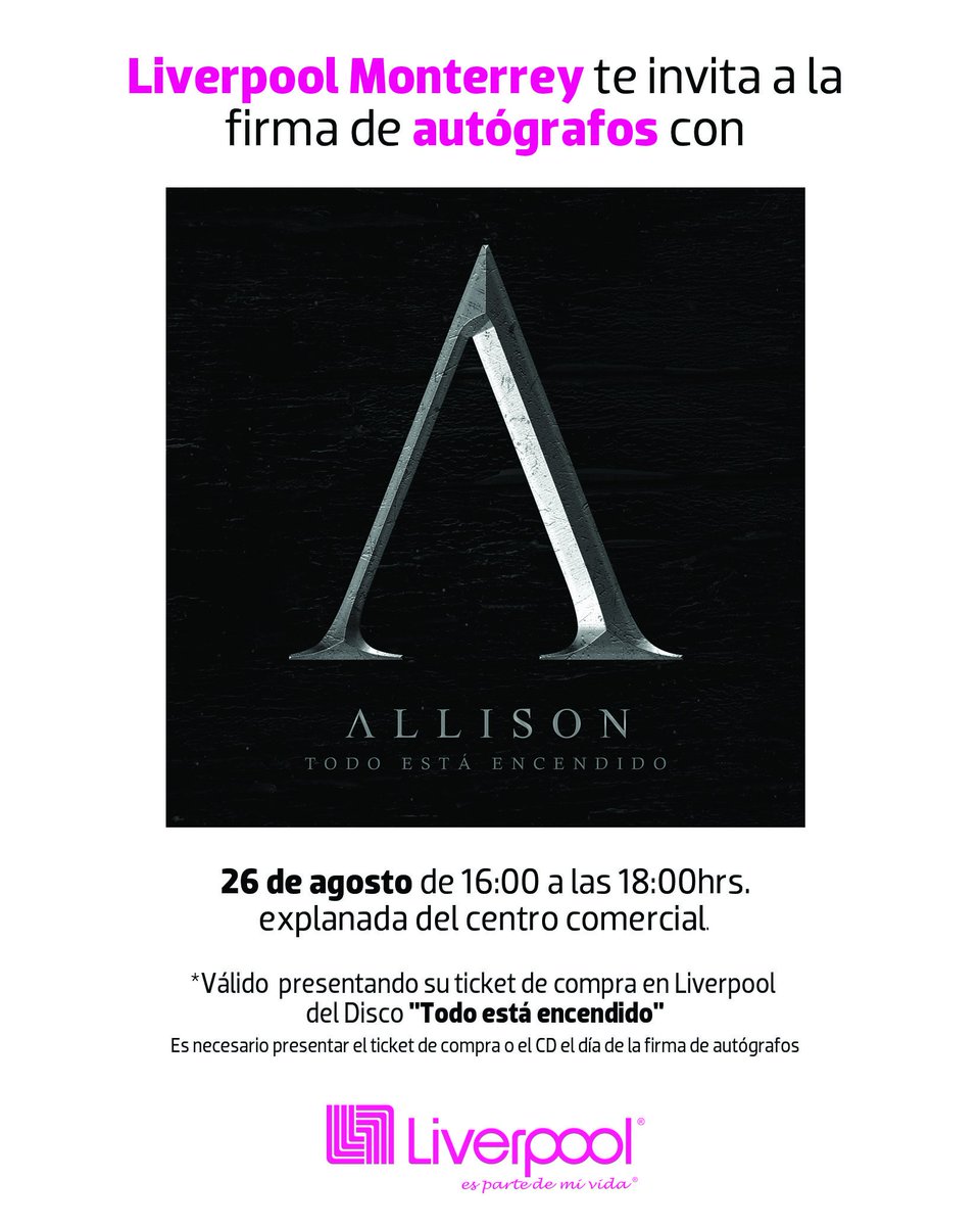 JESSDELAFTE's tweet photo. @allison_fans #Regios Tienen una cita el 26 de Agosto #Liverpool #Monterrey con @Allisonband en firma de autógrafos https://t.co/GxymfZSy9w