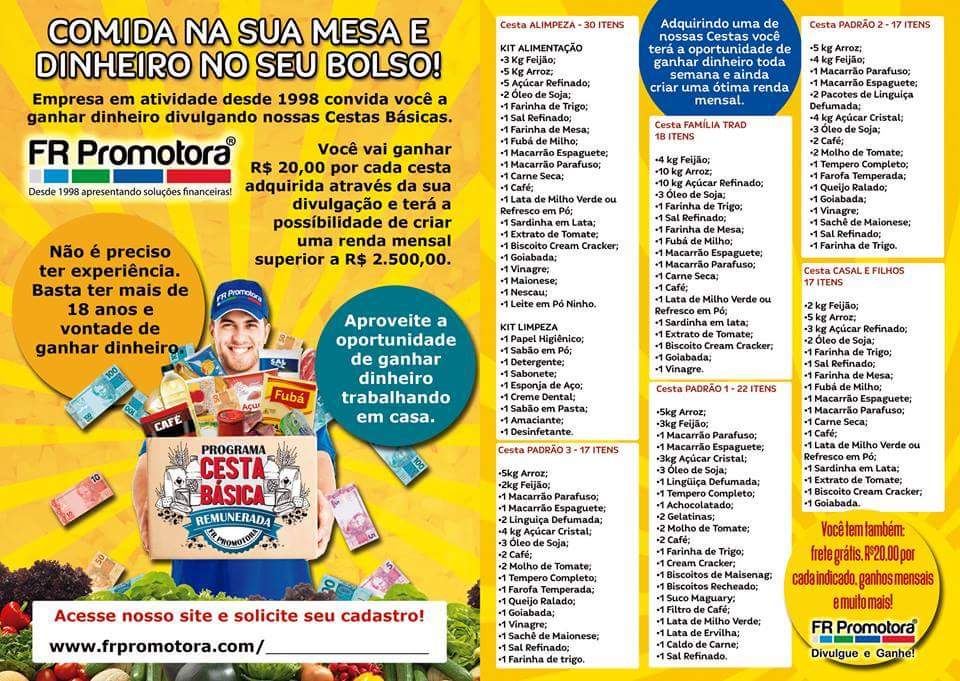 Quer ganhar dinheiro fasendo divulgações e ainda  comprar sua cesta basica sem sair de casa.www.frpromotora.com/cestabasica.ph…
