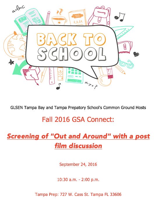 GLSEN's tweet photo. FL: Join @GLSEN_TampaBay on Sept 24 for a screening of #OutAndAround https://t.co/RJWDAyA34k