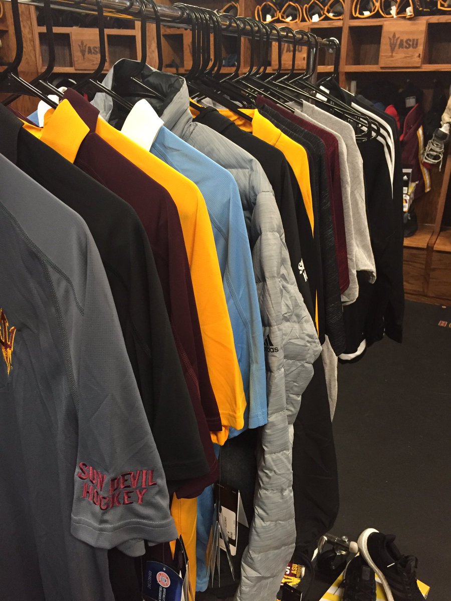 SunDevilHockey's tweet photo. Christmas comes second to Gear Day at #ASU...the boys were welcomed to campus with swag bags of new @adidas gear! https://t.co/lVGVqS5v3q