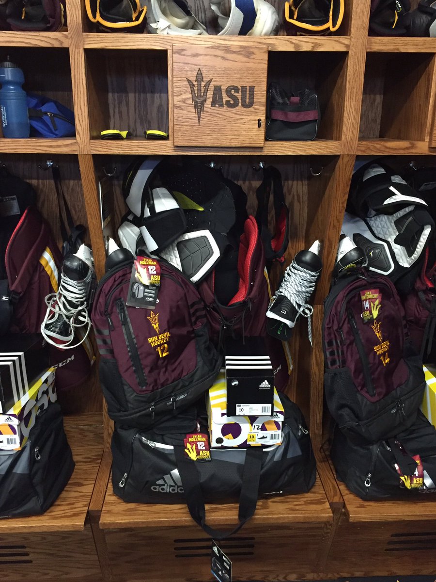 SunDevilHockey's tweet photo. Christmas comes second to Gear Day at #ASU...the boys were welcomed to campus with swag bags of new @adidas gear! https://t.co/lVGVqS5v3q
