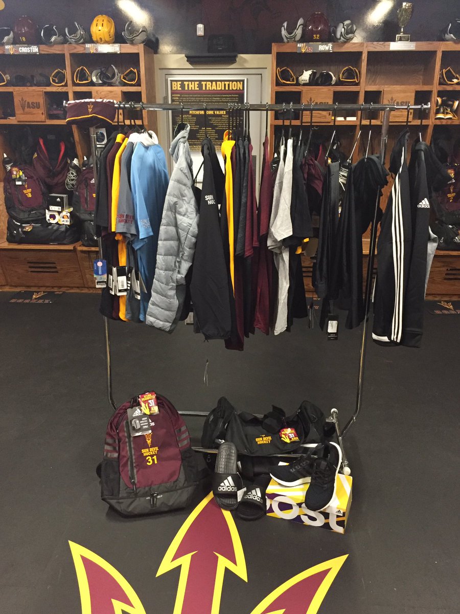 SunDevilHockey's tweet photo. Christmas comes second to Gear Day at #ASU...the boys were welcomed to campus with swag bags of new @adidas gear! https://t.co/lVGVqS5v3q