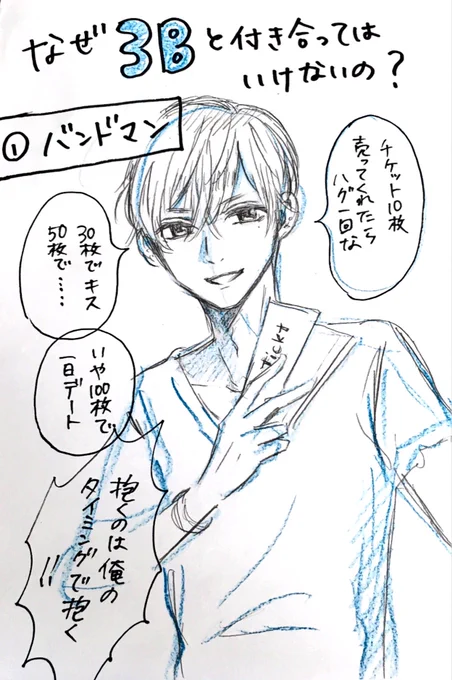 3Bと付き合ってはいけないのは何故か
先人達の教えを理解するために考えてみました。

決して全員では無い!(おそらく)
だが2パーセントくらいはいるぞ!(適当)

①バンドマン 
