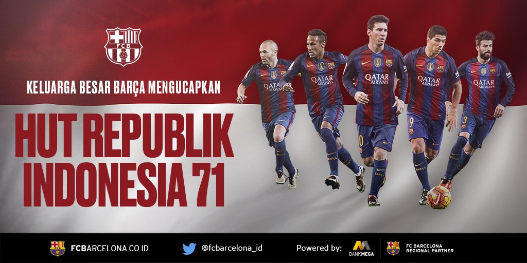 fcbarcelona_id's tweet photo. Keluarga Besar FC Barcelona Mengucapkan Dirgahayu Indonesia Ke-71 #HUTRI71 #IndoBarca https://t.co/E6OXRgZaBi