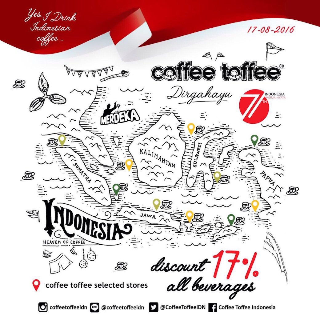 COFTOFMKS's tweet photo. Dirgahayu Indonesiaku! Dapatkan diskon sebesar 17% pembelanjaan di Gerai Coffee Toffee Makassar (beverages only) https://t.co/yESJ3SrKUJ