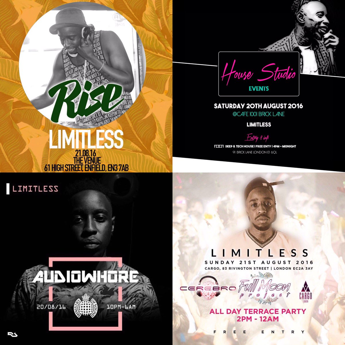 LimitlessMFR's tweet photo. This weekends settings! 

20th August 
@housestudioLDN 
@AudioWhore_ 

21st August
@Rise_LDN 
@Cerebro_LDN 

✌🏾️✌🏾 https://t.co/6pyTmOWxDJ
