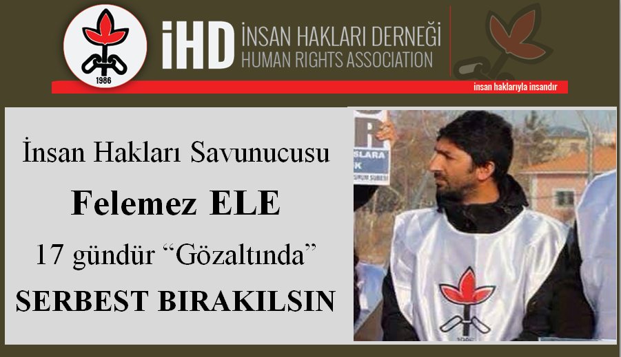 ihd_erzurum's tweet photo. Şubemiz Yöneticisi, İnsan Hakları Savunucusu FELEMEZ ELE 17 gündür gözaltında. Arkadaşımız DERHAL SERBEST BIRAKILSIN https://t.co/J39opd2yVl