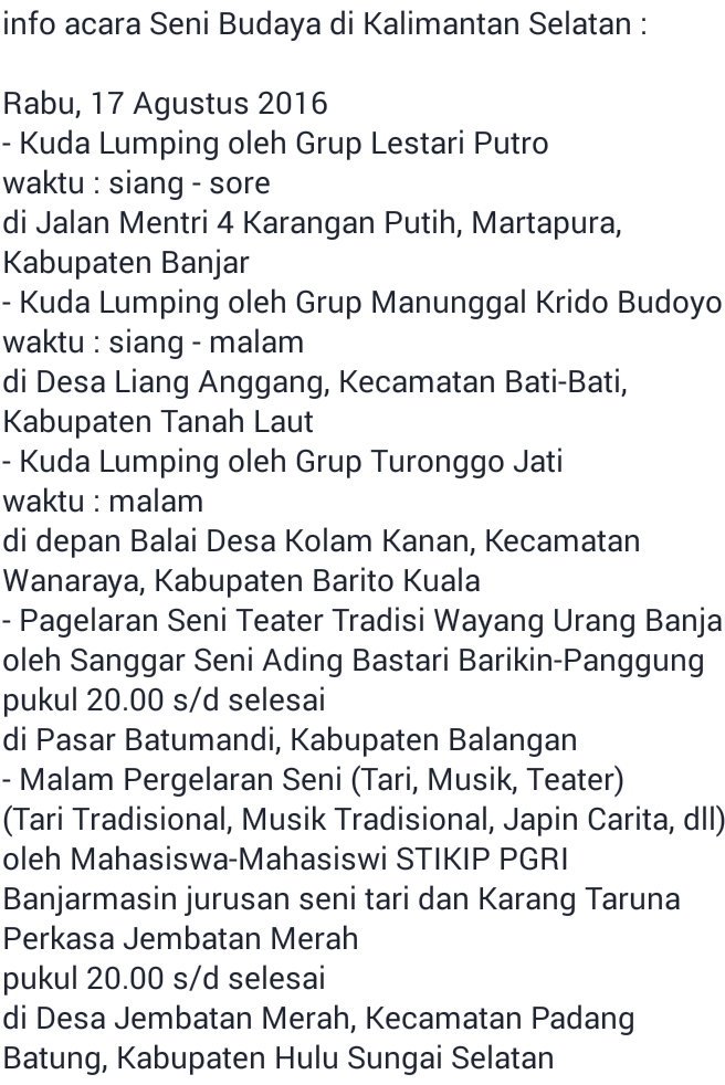 Info acara Seni Budaya di Kalsel:
17/8/2016
<a href="/WargaBanua/">📍BANJARMASIN, KALIMANTAN SELATAN</a> <a href="/visitkalsel/">#visitkalsel</a> <a href="/Senibdayakalsel/">Seni Budaya Kalsel</a> <a href="/HabarBalangan/">Habar Balangan</a> <a href="/infokandangan/">INFO KANDANGAN</a>