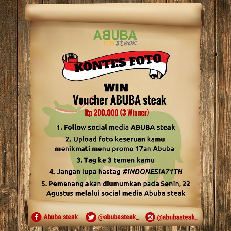 abubasteak_'s tweet photo. Ikutan Foto Kontes #indonesia71th dan menangkan Voucher Abuba steak
S&K dapat bisa cek dibawah ini ya! https://t.co/afqjD1wwmA