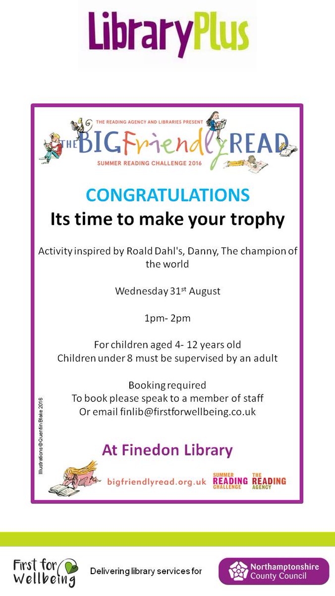 Library_Plus's tweet image. Make Danny Champion of the World trophy @  #Finedon Lib Wed 31 Aug 1-2pm ages 4-12 please bk #SummerReadingChallenge