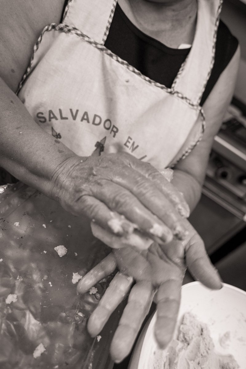 La abuela getting the masa just right for las pupusas which we sell at the Annette Village Farmer's Market today.