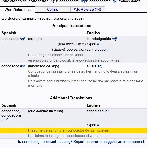 LeyLawDroit's tweet image. Cuando buscas en el #diccionario del #wordreference la palabrica CONOCEDOR... #Biba #micromachismo #mujer #feminismo