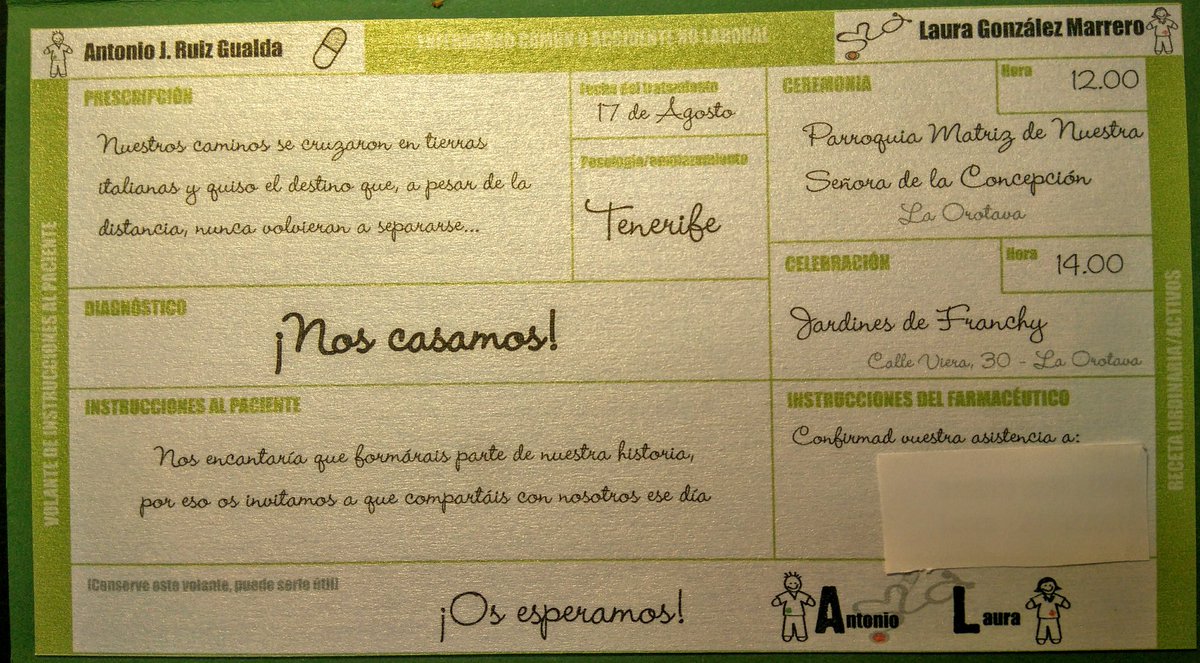 farmaciaceuta's tweet photo. La invitación de boda de una médico y un farmacéutico solo podía ser en receta https://t.co/y5nVlY7OaD