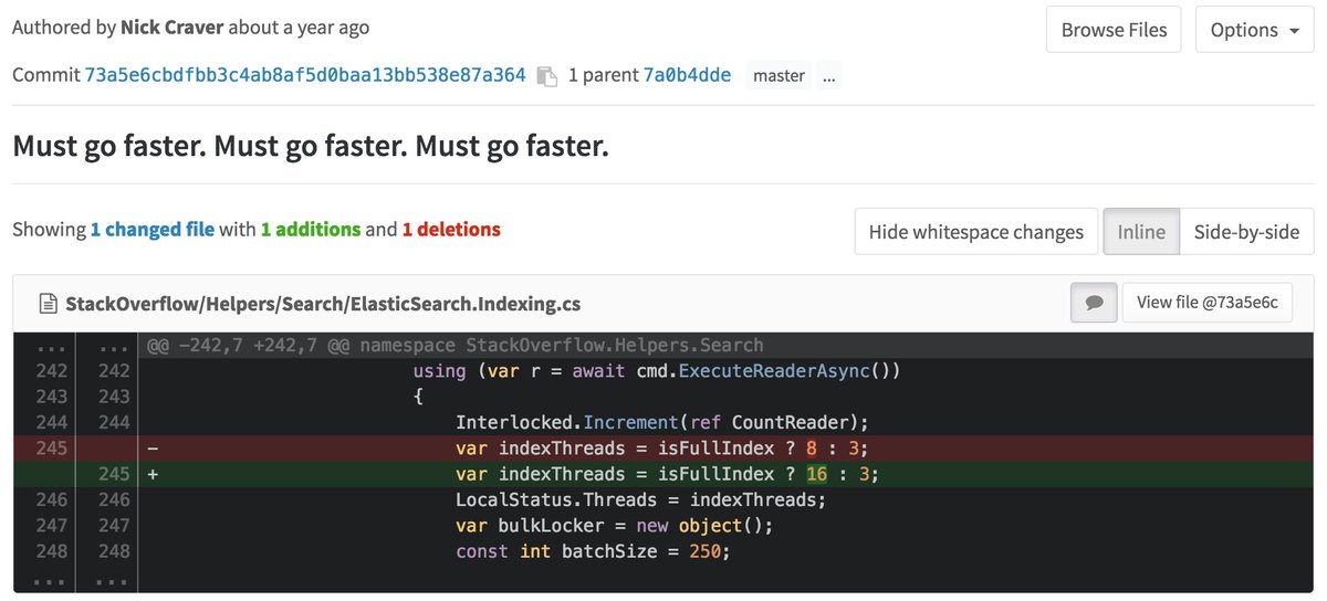 Nick_Craver's tweet photo. A daily screenshot from the Stack Overflow codebase (hardware upgrade optimizations are really simple). #StackCode https://t.co/BSaI1cQoIz