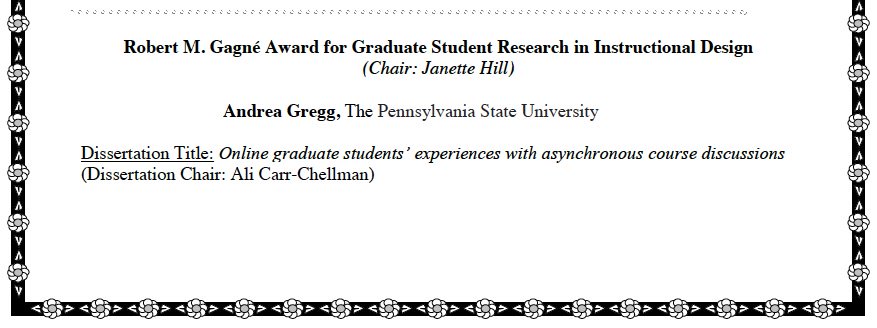 PSU LDT Program (@psuldt) on Twitter photo Congrats to #PSULDT alumna Dr. Andrea Gregg for receiving the <a href="/aectdddivision/">Design & Development</a> award for grad student research! Congrats to #PSULDT alumna Dr. Andrea Gregg for receiving the <a href="/aectdddivision/">Design & Development</a> award for grad student research!
