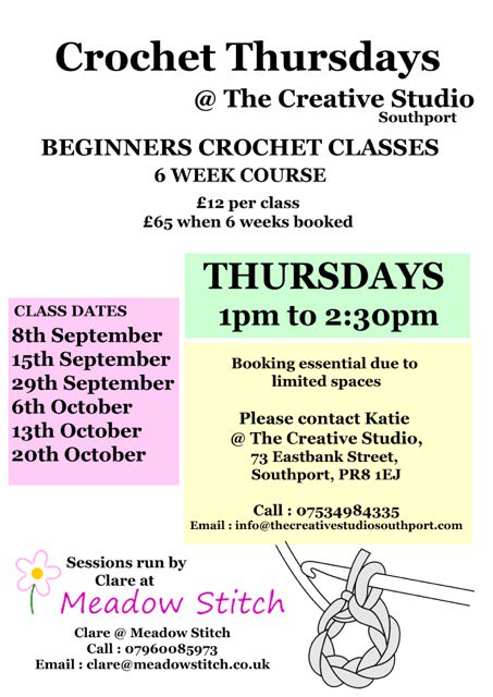 MeadowStitch's tweet photo. Get creative with hook and yarn! #backtoschool #learncrochet #HookandYarn #seftonhour @TheCS_Southport https://t.co/vkg1EllEY3