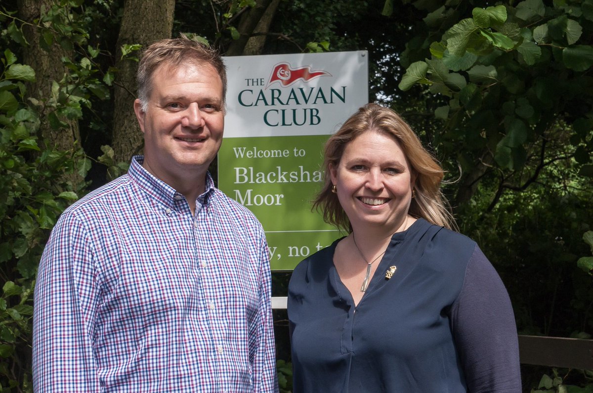 Media_CAMC's tweet photo. Rt Hon Karen Bradley MP, with Nick Lomas, Director General of The Caravan Club at Blackshaw Moor Caravan Club Site https://t.co/QgjUwnejRN