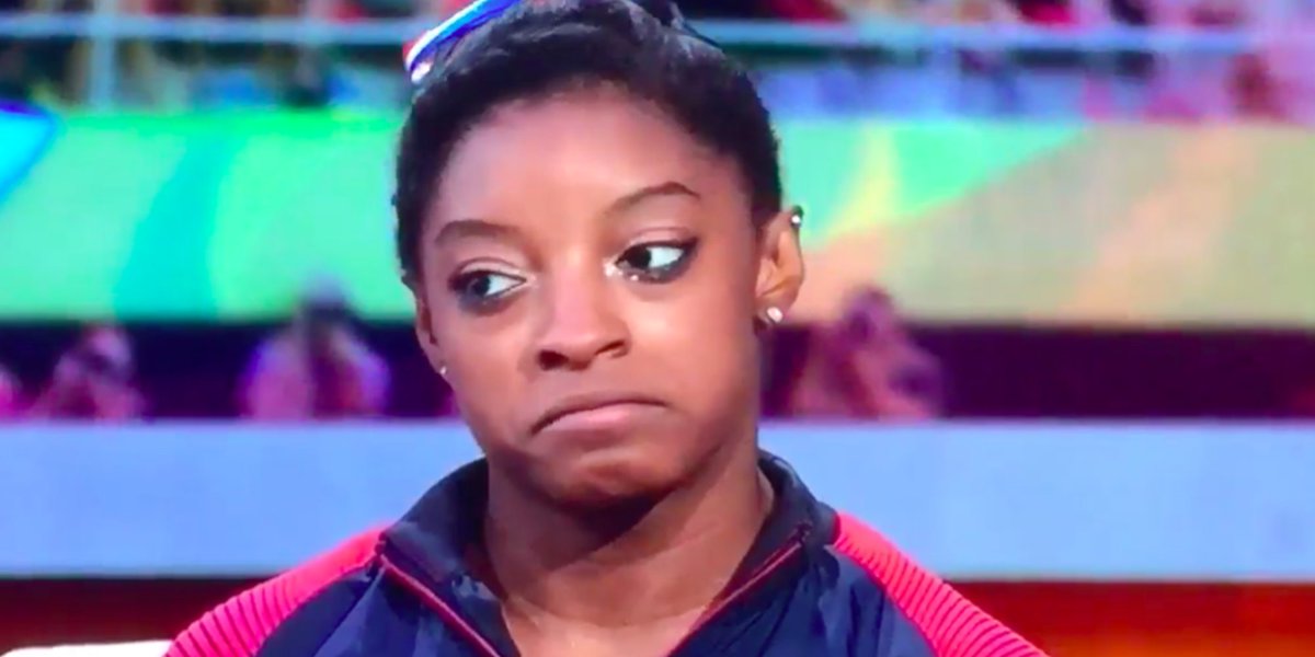 HuffPost's tweet photo. Simone Biles pulls the perfect face when Bob Costas says she JUST became famous https://t.co/JDUmiOwKcU https://t.co/l9xscPsiqL