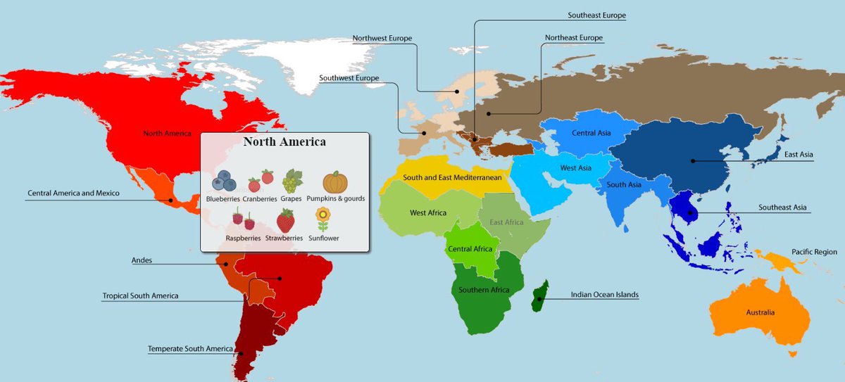 Este mapa muestra de dónde provienen algunos alimentos ¡Sorprendente! wef.ch/2aTHsxG vía <a href="/wef/">World Economic Forum</a>
