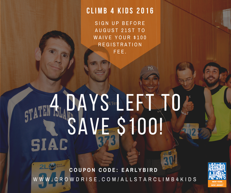 Climb4Kids2016's tweet photo. Early Bird Registration ends in 4 days! Sign-up before 8/21 to get your $100 registration fee waived! 🏃 https://t.co/PsIrRjpjqf