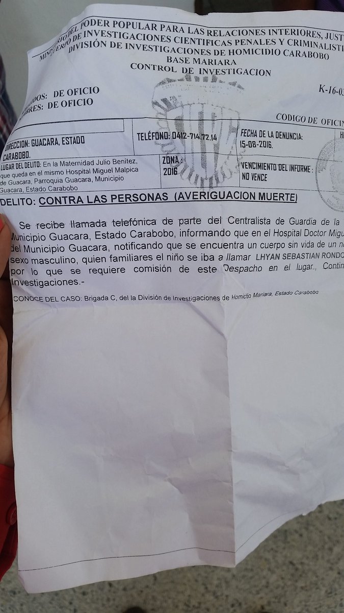 Heberlizeth's tweet photo. Lhyan no nació muerto. Falleció por negligencia en la Maternidad de Guacara.2 médicos integrales atendieron el parto https://t.co/Ee9nYSZ0jd