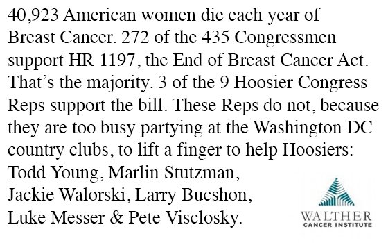 WaltherCancerIn's tweet image. .@ToddYoungIN @RepStutzman @RepWalorski @RepLukeMesser @RepLarryBucshon @RepVisclosky R against End of Breast Cancer