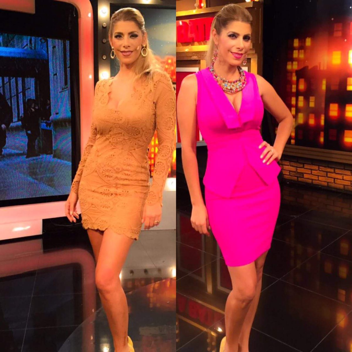 Seghelco's tweet photo. La expectacular Viviana Rivasplata de La Bateria luciendo un vestido beige de encaje y un precioso vestido Fuxcia. https://t.co/AfeCFUyyTS