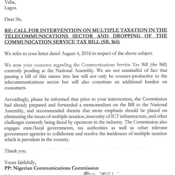 gbengasesan's tweet photo. .@NgComCommission replied @pinigeria's letter on 9% Communication Services Tax Bill. Good to see proactive action. https://t.co/EIC3BAEn5s
