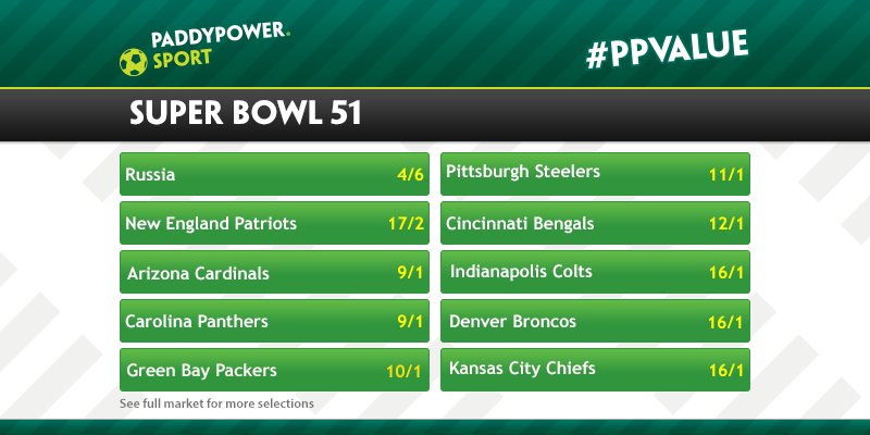 paddypower's tweet photo. Big mover in the market for Super Bowl 51. Russia now the 4/6 favs. Who is your money on? https://t.co/7aJXw71D8Z