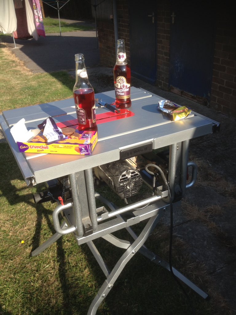 Swanton_Sam's tweet image. A table saw and two bottles of cider. What could possibly go wrong? #wheresmyfingers