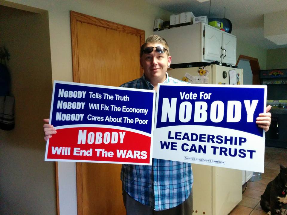 POTUSelect's tweet photo. We got this guys support today! #Vote4Nobody, Get your yard sign at https://t.co/FSYFZ4dZII <> #Nobody2016 https://t.co/xfHC9td20c