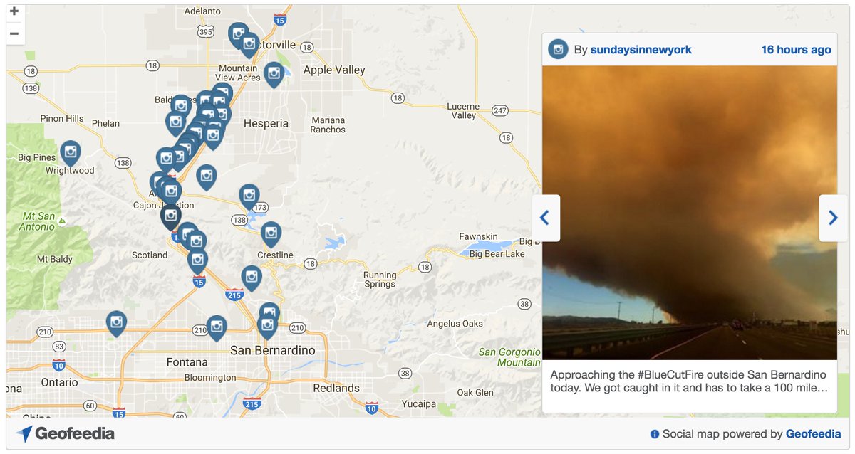 #Instagram map from the #BlueCutFire in San Bernardino County, CA: bit.ly/2bsHCdX #SMEM