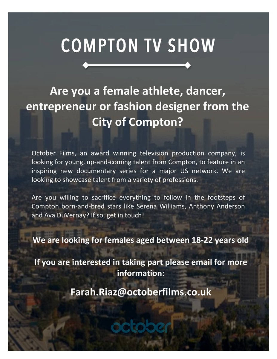 @LeLeCpt25 Pls RT: Are you a talented female aged 18-22 from COMPTON? Are you pursuing your dream job? Email us!
