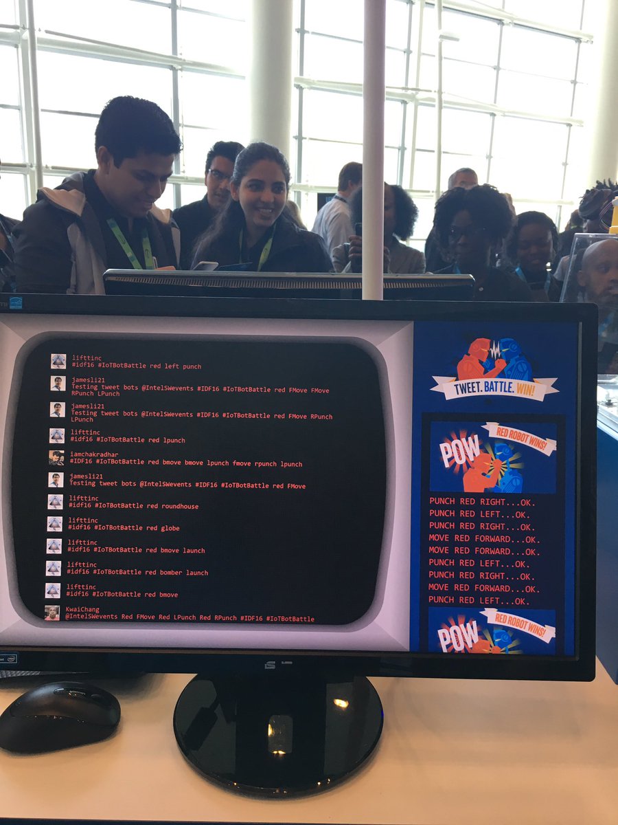 jamesli21's tweet photo. Just made it a hit :-).  Interesting.  Technology creates fun!!  @IntelSWevents #IDF16 #IoTBotBattle https://t.co/1WuDg5R2ts