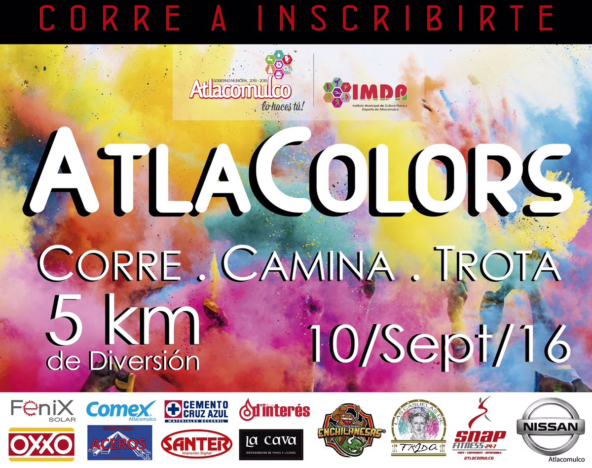 GobAtlacomulco's tweet photo. Te invitamos a participar en la carrera #AtlaColors este 10 de septiembre en #Atlacomulco ¡Ven y diviértete! https://t.co/gZCnFcYEBI